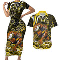 Personalized Richmond Tigers Couples Matching Short Sleeve Bodycon Dress and Hawaiian Shirt Aboriginal Dot Art - Dreamtime Football Mascot