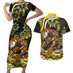 Personalized Richmond Tigers Couples Matching Short Sleeve Bodycon Dress and Hawaiian Shirt Aboriginal Dot Art - Dreamtime Football Mascot