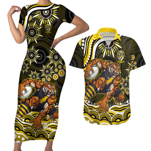 Personalized Richmond Tigers Couples Matching Short Sleeve Bodycon Dress and Hawaiian Shirt Aboriginal Dot Art - Dreamtime Football Mascot