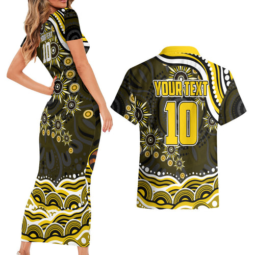 Personalized Richmond Tigers Couples Matching Short Sleeve Bodycon Dress and Hawaiian Shirt Aboriginal Dot Art - Dreamtime Football Mascot