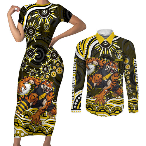 Personalized Richmond Tigers Couples Matching Short Sleeve Bodycon Dress and Long Sleeve Button Shirt Aboriginal Dot Art - Dreamtime Football Mascot