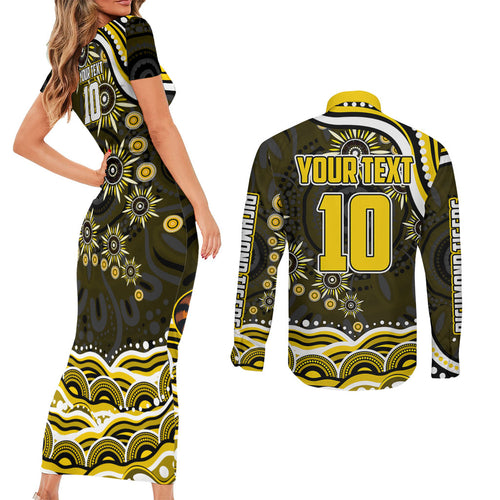 Personalized Richmond Tigers Couples Matching Short Sleeve Bodycon Dress and Long Sleeve Button Shirt Aboriginal Dot Art - Dreamtime Football Mascot