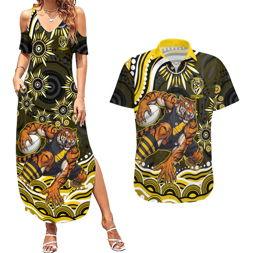Personalized Richmond Tigers Couples Matching Summer Maxi Dress and Hawaiian Shirt Aboriginal Dot Art - Dreamtime Football Mascot