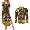 Personalized Richmond Tigers Couples Matching Summer Maxi Dress and Long Sleeve Button Shirt Aboriginal Dot Art - Dreamtime Football Mascot
