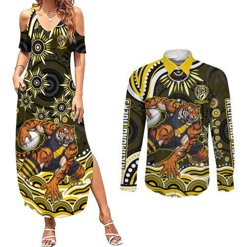 Personalized Richmond Tigers Couples Matching Summer Maxi Dress and Long Sleeve Button Shirt Aboriginal Dot Art - Dreamtime Football Mascot