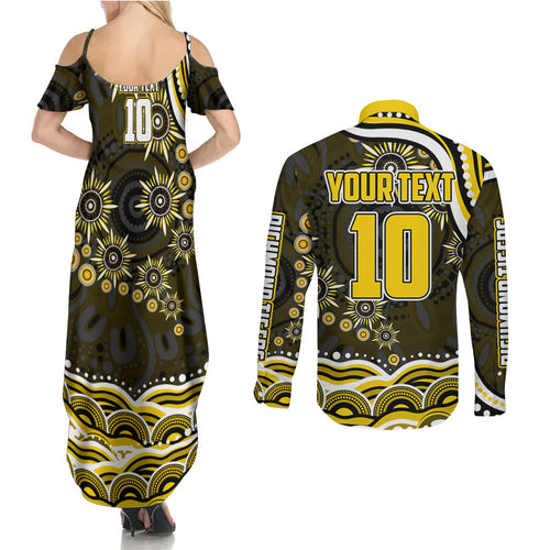 Personalized Richmond Tigers Couples Matching Summer Maxi Dress and Long Sleeve Button Shirt Aboriginal Dot Art - Dreamtime Football Mascot