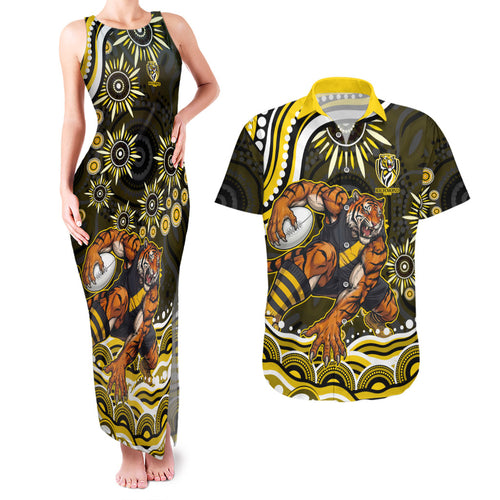 Personalized Richmond Tigers Couples Matching Tank Maxi Dress and Hawaiian Shirt Aboriginal Dot Art - Dreamtime Football Mascot