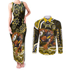 Personalized Richmond Tigers Couples Matching Tank Maxi Dress and Long Sleeve Button Shirt Aboriginal Dot Art - Dreamtime Football Mascot