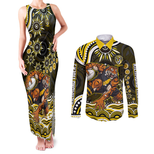 Personalized Richmond Tigers Couples Matching Tank Maxi Dress and Long Sleeve Button Shirt Aboriginal Dot Art - Dreamtime Football Mascot