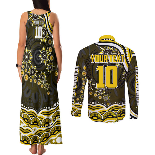 Personalized Richmond Tigers Couples Matching Tank Maxi Dress and Long Sleeve Button Shirt Aboriginal Dot Art - Dreamtime Football Mascot