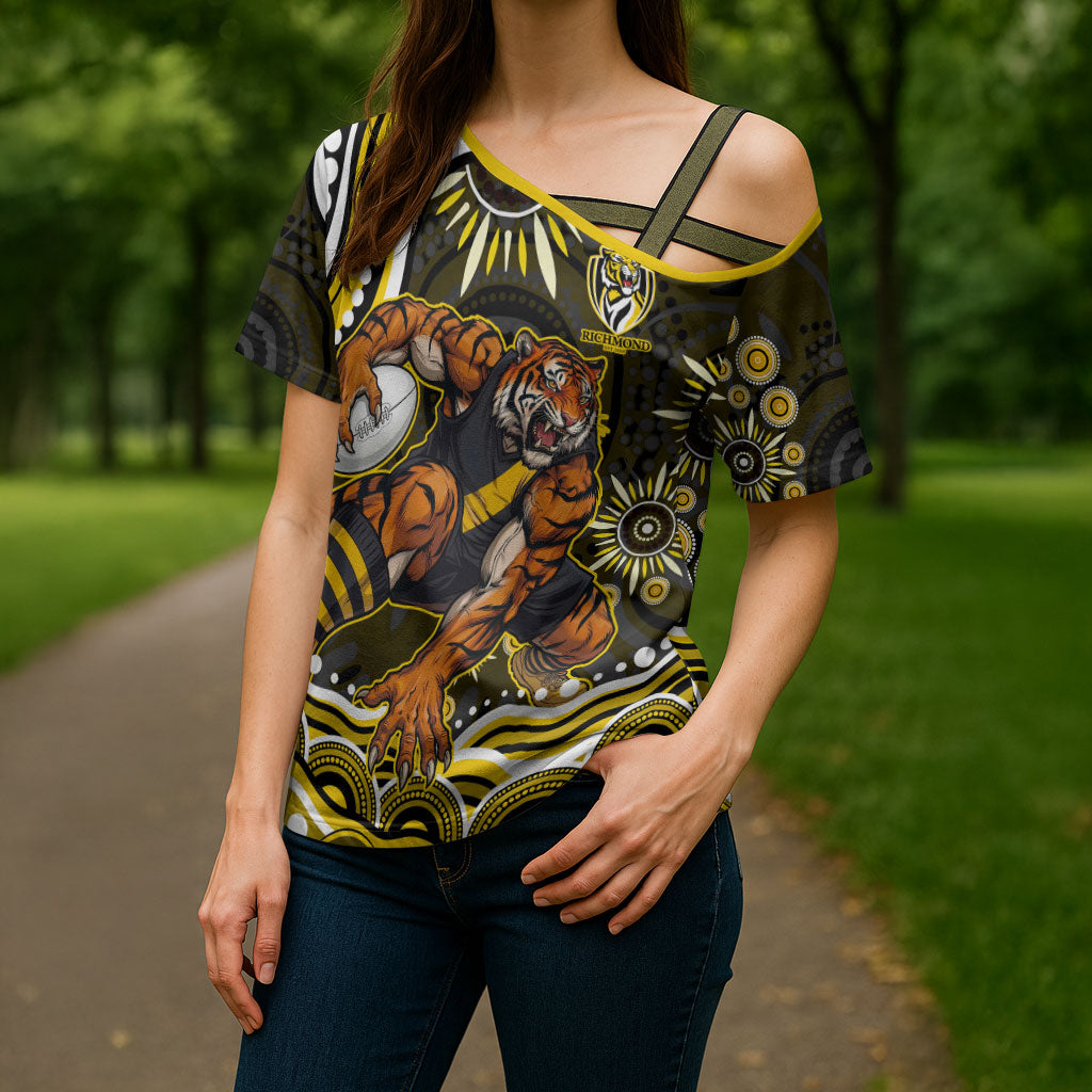 Personalized Richmond Tigers Cross Shoulder Shirt Aboriginal Dot Art - Dreamtime Football Mascot