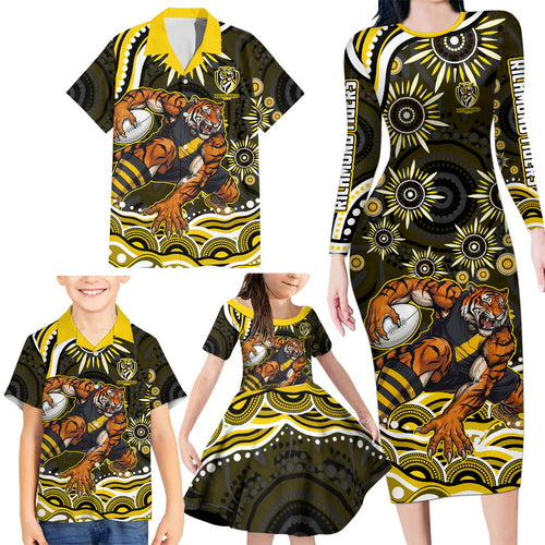 Personalized Richmond Tigers Family Matching Long Sleeve Bodycon Dress and Hawaiian Shirt Aboriginal Dot Art - Dreamtime Football Mascot