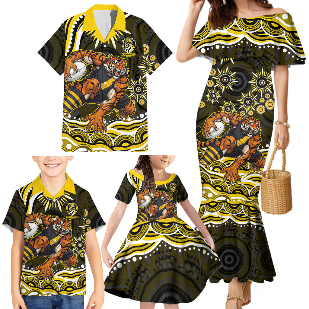 Personalized Richmond Tigers Family Matching Mermaid Dress and Hawaiian Shirt Aboriginal Dot Art - Dreamtime Football Mascot