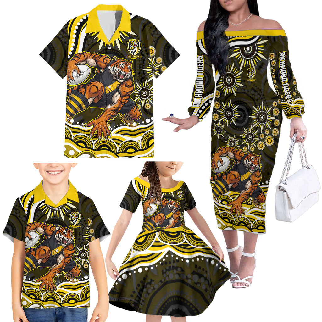 Personalized Richmond Tigers Family Matching Off The Shoulder Long Sleeve Dress and Hawaiian Shirt Aboriginal Dot Art - Dreamtime Football Mascot