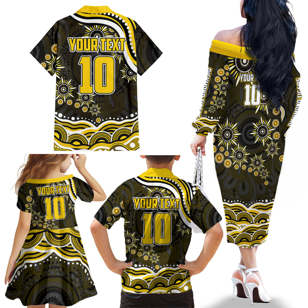 Personalized Richmond Tigers Family Matching Off The Shoulder Long Sleeve Dress and Hawaiian Shirt Aboriginal Dot Art - Dreamtime Football Mascot