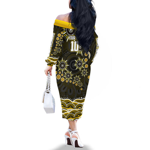 Personalized Richmond Tigers Family Matching Off The Shoulder Long Sleeve Dress and Hawaiian Shirt Aboriginal Dot Art - Dreamtime Football Mascot
