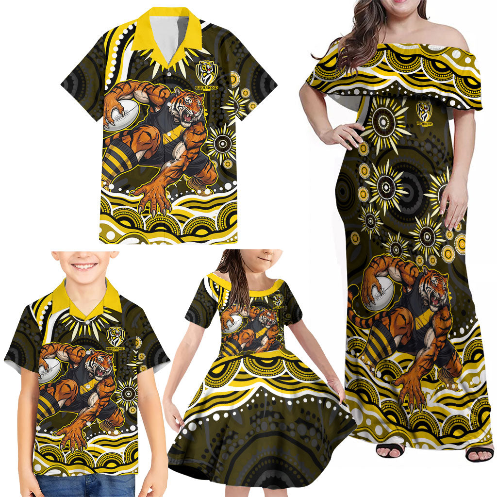 Personalized Richmond Tigers Family Matching Off Shoulder Maxi Dress and Hawaiian Shirt Aboriginal Dot Art - Dreamtime Football Mascot