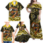 Personalized Richmond Tigers Family Matching Off Shoulder Maxi Dress and Hawaiian Shirt Aboriginal Dot Art - Dreamtime Football Mascot