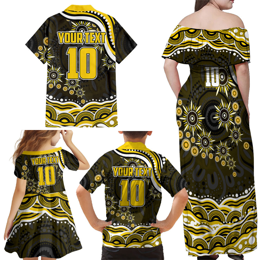 Personalized Richmond Tigers Family Matching Off Shoulder Maxi Dress and Hawaiian Shirt Aboriginal Dot Art - Dreamtime Football Mascot