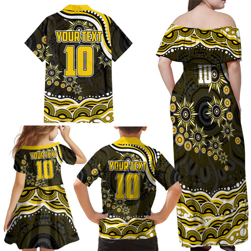 Personalized Richmond Tigers Family Matching Off Shoulder Maxi Dress and Hawaiian Shirt Aboriginal Dot Art - Dreamtime Football Mascot