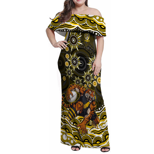 Personalized Richmond Tigers Family Matching Off Shoulder Maxi Dress and Hawaiian Shirt Aboriginal Dot Art - Dreamtime Football Mascot