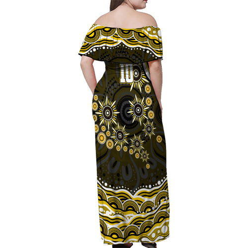 Personalized Richmond Tigers Family Matching Off Shoulder Maxi Dress and Hawaiian Shirt Aboriginal Dot Art - Dreamtime Football Mascot