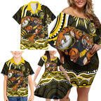 Personalized Richmond Tigers Family Matching Off Shoulder Short Dress and Hawaiian Shirt Aboriginal Dot Art - Dreamtime Football Mascot