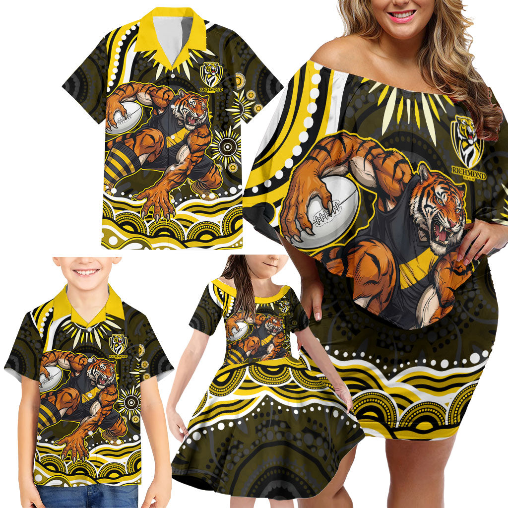 Personalized Richmond Tigers Family Matching Off Shoulder Short Dress and Hawaiian Shirt Aboriginal Dot Art - Dreamtime Football Mascot