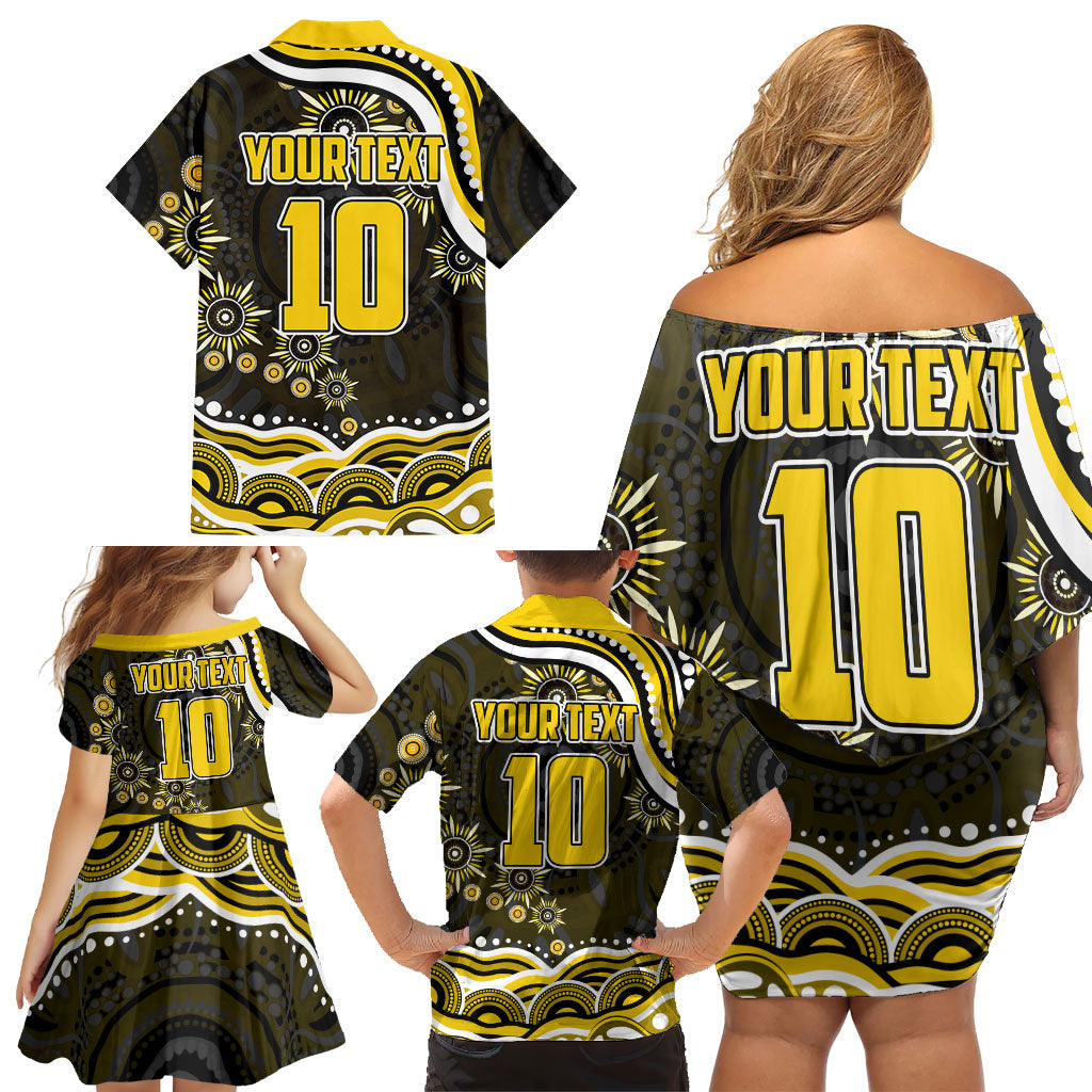 Personalized Richmond Tigers Family Matching Off Shoulder Short Dress and Hawaiian Shirt Aboriginal Dot Art - Dreamtime Football Mascot