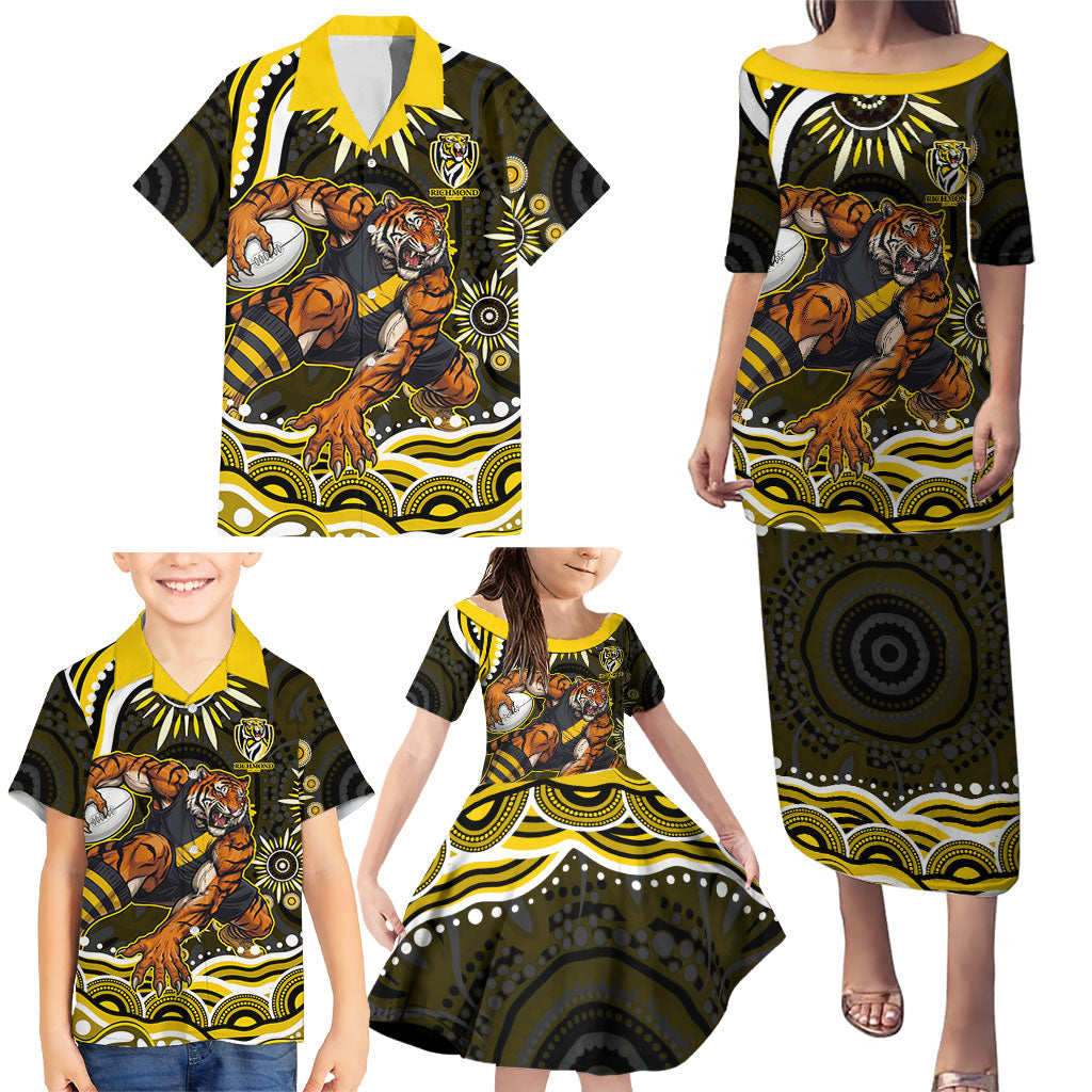Personalized Richmond Tigers Family Matching Puletasi and Hawaiian Shirt Aboriginal Dot Art - Dreamtime Football Mascot