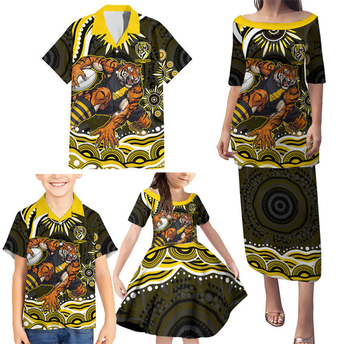 Personalized Richmond Tigers Family Matching Puletasi and Hawaiian Shirt Aboriginal Dot Art - Dreamtime Football Mascot
