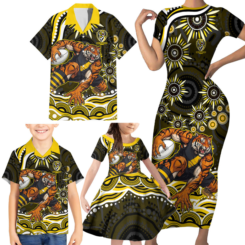 Personalized Richmond Tigers Family Matching Short Sleeve Bodycon Dress and Hawaiian Shirt Aboriginal Dot Art - Dreamtime Football Mascot