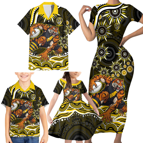 Personalized Richmond Tigers Family Matching Short Sleeve Bodycon Dress and Hawaiian Shirt Aboriginal Dot Art - Dreamtime Football Mascot