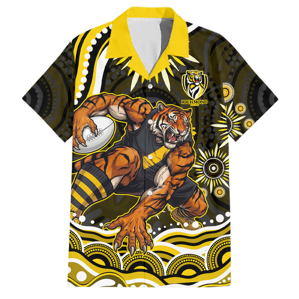 Personalized Richmond Tigers Family Matching Short Sleeve Bodycon Dress and Hawaiian Shirt Aboriginal Dot Art - Dreamtime Football Mascot