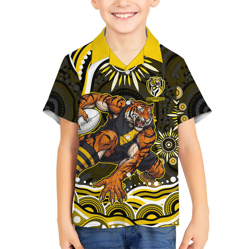 Personalized Richmond Tigers Family Matching Short Sleeve Bodycon Dress and Hawaiian Shirt Aboriginal Dot Art - Dreamtime Football Mascot