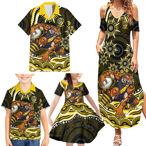 Personalized Richmond Tigers Family Matching Summer Maxi Dress and Hawaiian Shirt Aboriginal Dot Art - Dreamtime Football Mascot