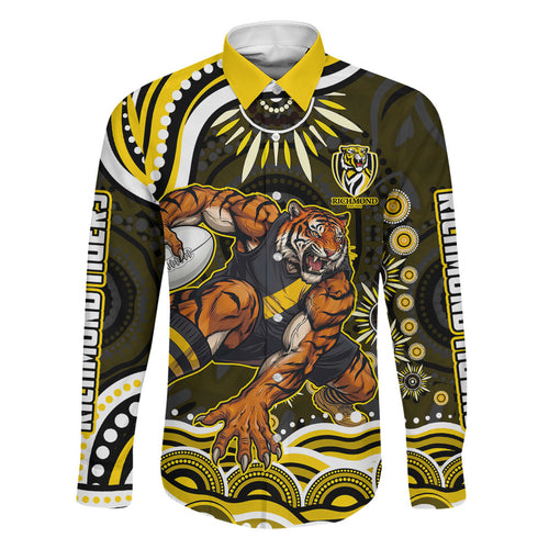 Personalized Richmond Tigers Family Matching Summer Maxi Dress and Hawaiian Shirt Aboriginal Dot Art - Dreamtime Football Mascot