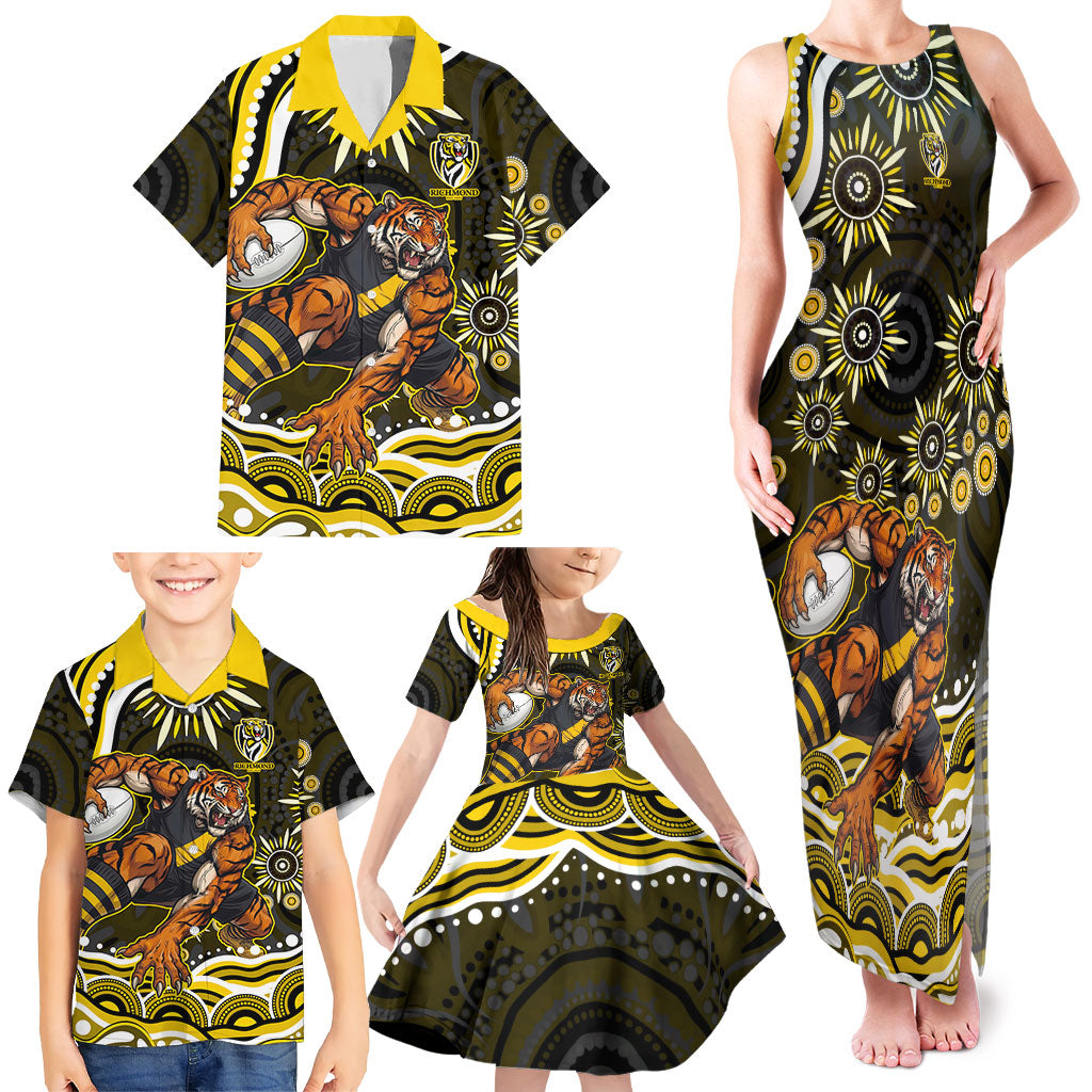 Personalized Richmond Tigers Family Matching Tank Maxi Dress and Hawaiian Shirt Aboriginal Dot Art - Dreamtime Football Mascot