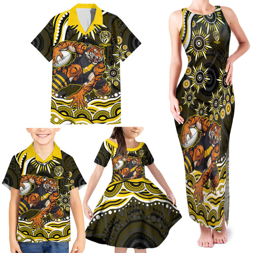 Personalized Richmond Tigers Family Matching Tank Maxi Dress and Hawaiian Shirt Aboriginal Dot Art - Dreamtime Football Mascot
