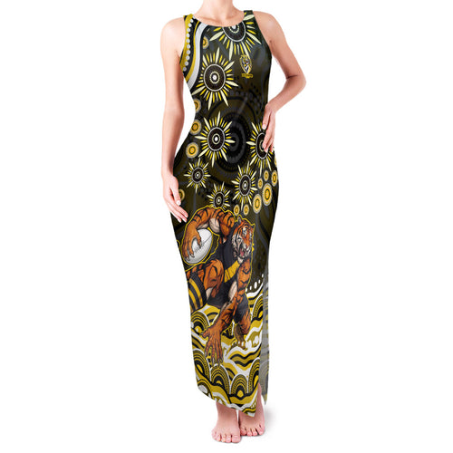 Personalized Richmond Tigers Family Matching Tank Maxi Dress and Hawaiian Shirt Aboriginal Dot Art - Dreamtime Football Mascot