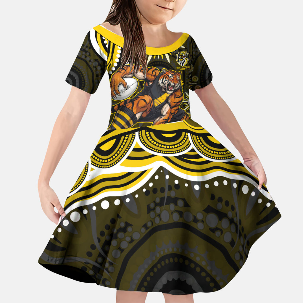 Personalized Richmond Tigers Kid Short Sleeve Dress Aboriginal Dot Art - Dreamtime Football Mascot