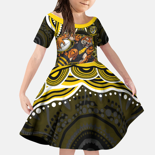 Personalized Richmond Tigers Kid Short Sleeve Dress Aboriginal Dot Art - Dreamtime Football Mascot