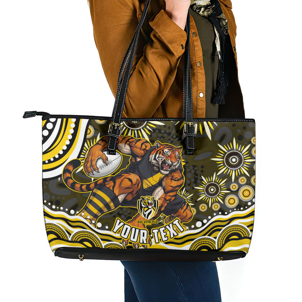 Personalized Richmond Tigers Leather Tote Bag Aboriginal Dot Art - Dreamtime Football Mascot