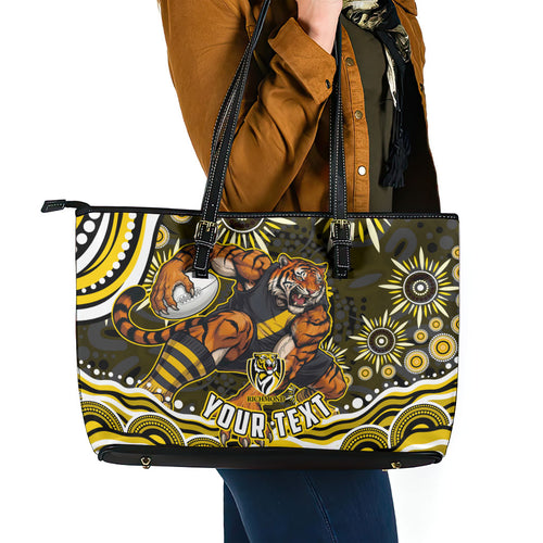 Personalized Richmond Tigers Leather Tote Bag Aboriginal Dot Art - Dreamtime Football Mascot