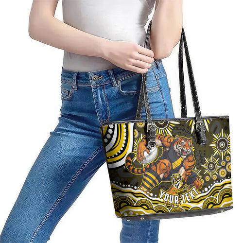 Personalized Richmond Tigers Leather Tote Bag Aboriginal Dot Art - Dreamtime Football Mascot