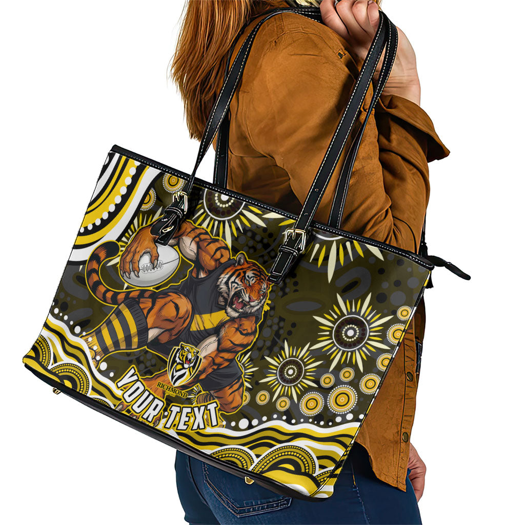Personalized Richmond Tigers Leather Tote Bag Aboriginal Dot Art - Dreamtime Football Mascot