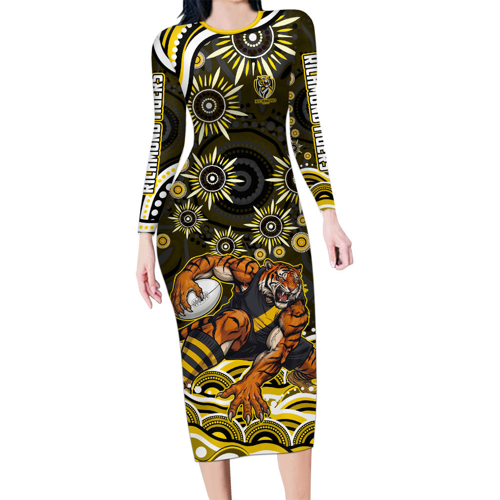 Personalized Richmond Tigers Long Sleeve Bodycon Dress Aboriginal Dot Art - Dreamtime Football Mascot