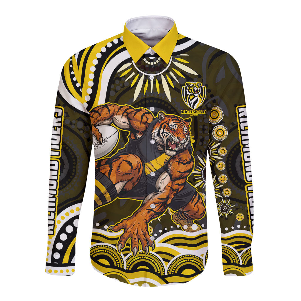 Personalized Richmond Tigers Long Sleeve Button Shirt Aboriginal Dot Art - Dreamtime Football Mascot