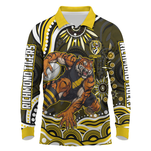 Personalized Richmond Tigers Long Sleeve Polo Shirt Aboriginal Dot Art - Dreamtime Football Mascot