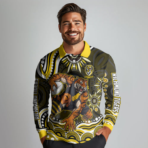 Personalized Richmond Tigers Long Sleeve Polo Shirt Aboriginal Dot Art - Dreamtime Football Mascot